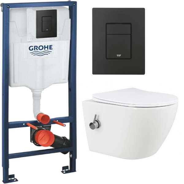 Комплект: инсталляция Grohe Solido 38811KF0 с черной кнопкой и подвесным унитазом Amore di Mare Lenza Tornado Bidet P252-XT